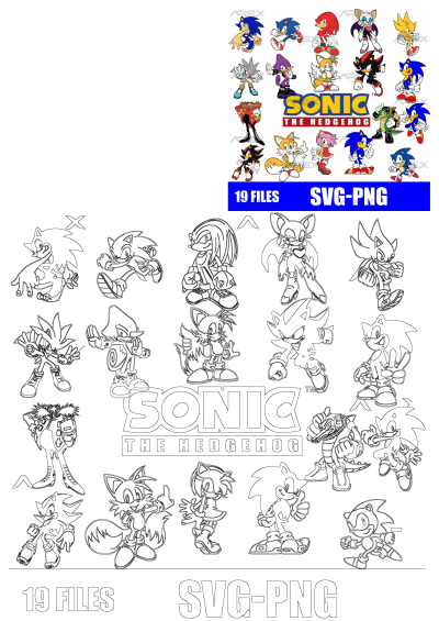 Download 19 Sonic The Hedgehog character poses featuring Sonic, Tails, Knuckles, and Shadow in vibrant and outline SVG/PNG formats.
