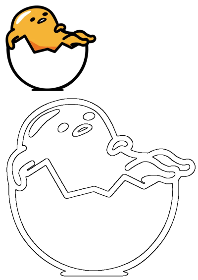 Gudetama, the lazy egg character, appears colored in a cracked eggshell, with a black outline version for drawing or crafts.