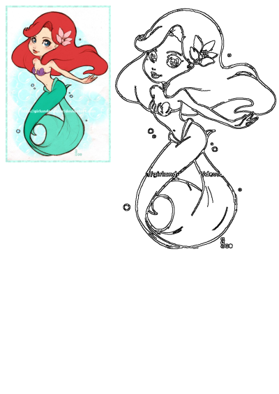 Ariel, The Little Mermaid, a cute drawing sitting on her green tail, with red hair and purple top among bubbles. An outline is included.