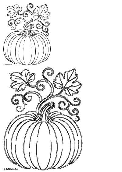 Autumn pumpkin outline template featuring a festive pumpkin with decorative curling vines and elegant leaves, ideal for fall crafts and seasonal decor.