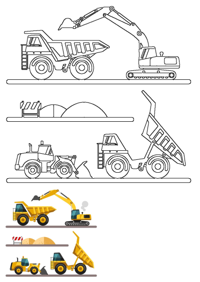 Vector illustration of construction vehicles: excavator loading dump truck, front loader moving dirt, raised dump truck, and outline versions.