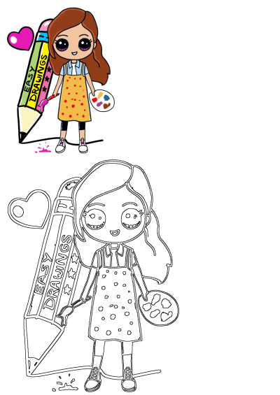 A cute cartoon girl artist holding a paint palette and brush, standing by a pencil labeled 'Easy Drawings' for a tutorial.