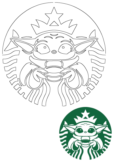 Grogu (Baby Yoda) with a crown, merged into the iconic Starbucks logo, holding a cup. Features both a green circle design and a black outline.