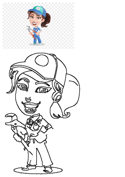 Cartoon woman plumber holding a wrench and smiling, with a transparent background. Includes a black outline for creative use.