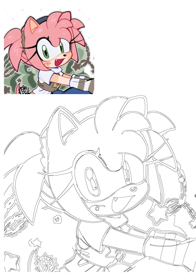 Vibrant Amy Rose Sonic fan art featuring her smiling, with green eyes and pink quills, alongside a black outline version.