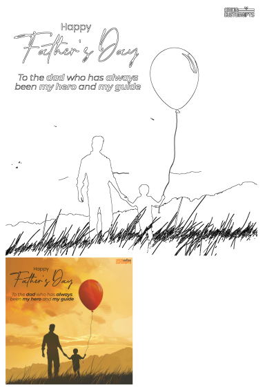 Happy Father's Day custom gift design showing father and son silhouette, red balloon, sunset. Acknowledges dad as 'my hero and guide'.