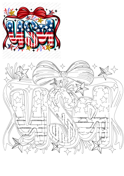 Patriotic USA American flag design with stars & stripes letters, red bow, golden & patriotic stars. Includes outline version for coloring.