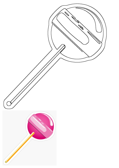A vibrant pink lollipop sticker with a shiny surface and yellow stick, accompanied by an outline drawing. Ideal for sweet candy designs.