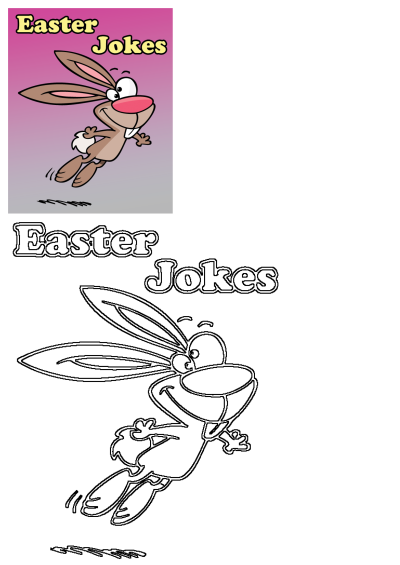 A happy cartoon Easter bunny with a pink nose and buck teeth joyfully jumps or flies. The title 'Easter Jokes' is prominently displayed.
