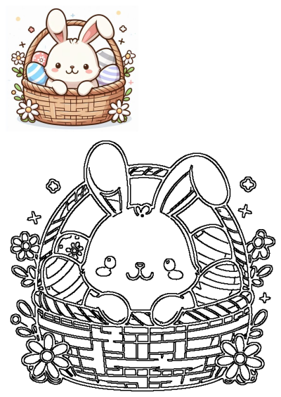 Cute Easter bunny in a woven basket surrounded by colorful eggs and spring flowers. Includes vibrant illustration and line art.