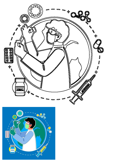 Research scientist actively developing Covid-19 vaccine, holding test tubes amidst global virus and medical research elements.