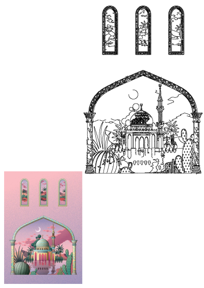 A vibrant illustration of a desert mosque at sunset, featuring a teal dome, palm trees, cacti, and pink sky reflections.