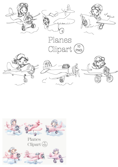 Cute cartoon pink planes clipart with cheerful pilots flying through a sky of clouds. Includes both colorful watercolor and line art versions.