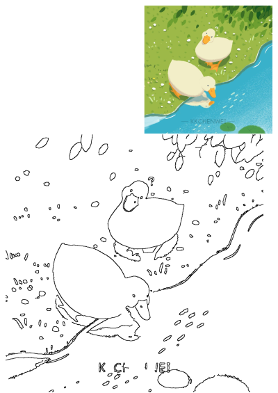 Cute illustration of two white ducks on a green riverbank by blue water, surrounded by foliage and small flowers. Adorable nature scene.