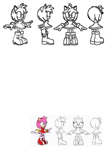 Amy Rose character design fan art featuring full-body reference views in line art and a colored example from Sonic the Hedgehog.