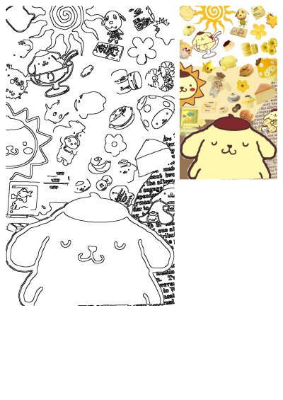 A delightful collage of yellow Pompompurin stickers, sweet treats, suns, and flowers, alongside black and white character outlines.