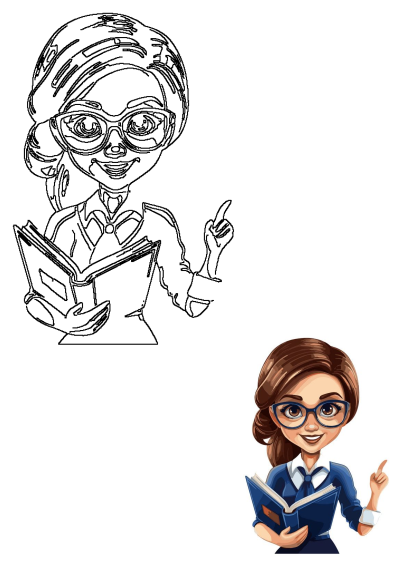 Cartoon girl reading a book with glasses, smiling with brown hair and pointing up, wearing a blue outfit.