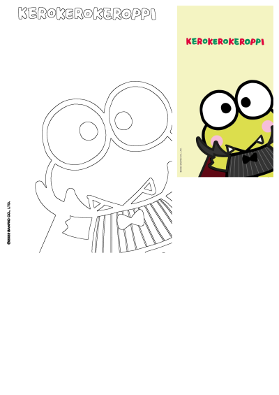 Kerokerokeroppi Sanrio character dressed as a Halloween vampire. Includes a detailed outline for coloring and a colorful example image.