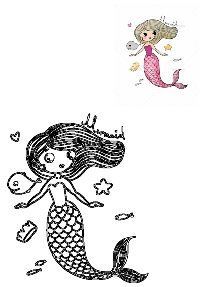 Cute mermaid illustration with long blonde hair and pink tail holding a fish, surrounded by marine elements. Also includes a line art version.