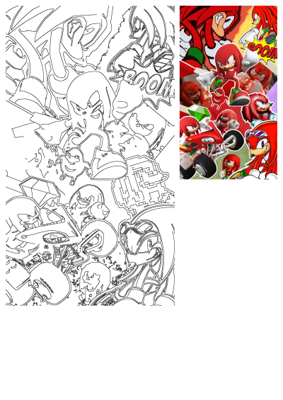 Knuckles Sonic Kart Racing Sticker Collage, featuring vibrant character art and a detailed black and white line art version.