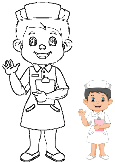 Smiling cartoon nurse clipart, a healthcare professional, waving cheerfully while holding a clipboard. Ideal for medical themes.