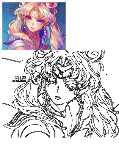 Vibrant Sailor Moon fanart portrait featuring blonde hair, blue eyes, and iconic accessories. Includes a black-and-white outline version.