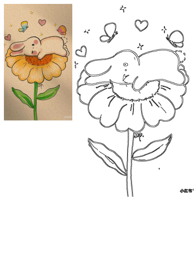 A charming illustration features a cute white bunny resting on a vibrant yellow sunflower, accompanied by whimsical butterflies and floating pink hearts.