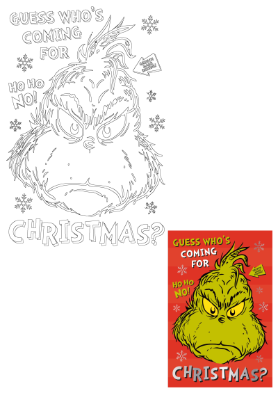Grinch Christmas image featuring the grumpy Grinch asking 'Guess Who's Coming For Christmas?' with 'Ho Ho No!' and snowflakes.