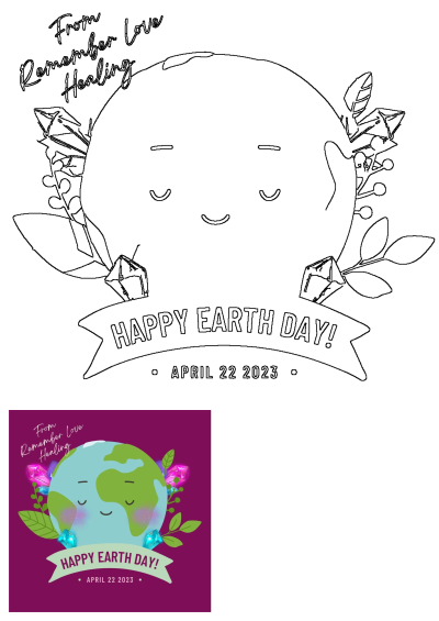 A black and white outline drawing for Happy Earth Day 2023, featuring a smiling Earth, leaves, flowers, and crystals on a purple background.