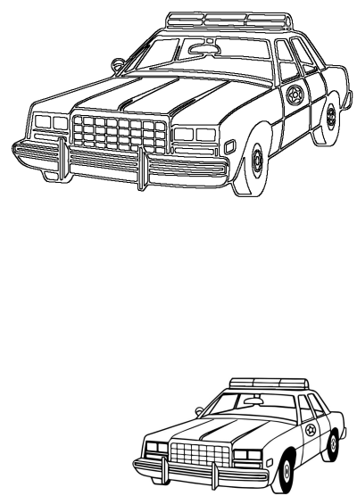 Black and white outline drawing of a classic police car with a light bar and a sheriff star emblem. Features two versions, one large and one small.