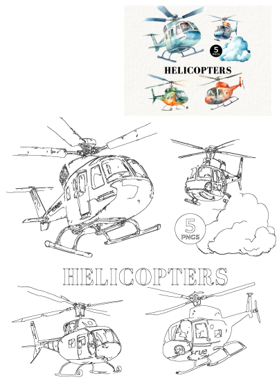 This collection offers colorful watercolor helicopter clipart and detailed line art outlines of helicopters with accompanying cloud graphics.