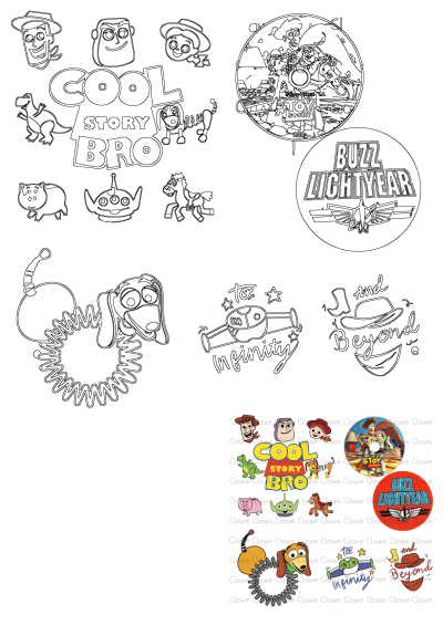 Toy Story character outlines including Woody, Buzz, Rex, Slinky, and phrases 'Cool Story Bro,' 'Buzz Lightyear,' and 'To Infinity and Beyond.' Perfect for fan stickers or designs.