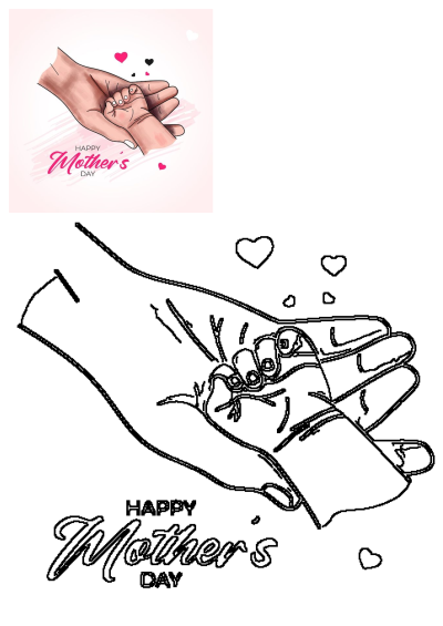 Happy Mother's Day card illustration and coloring page featuring a mother's hand holding a baby's hand with hearts.