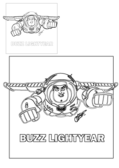 Buzz Lightyear from Toy Story in a dynamic flying pose, wings out, ready for action. Perfect for kids to color and enjoy.
