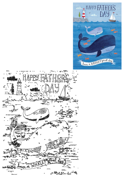 Fathers Day ocean card featuring two blue whales, a lighthouse, and a sailboat. Message 'Happy Father's Day' & 'Have a Whaley Great Day'.
