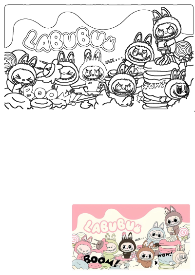 Black and white line art of mischievous Labubu characters, playing with various sweets like donuts, lollipops, and macarons.