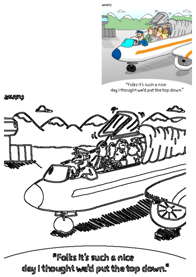 Funny cartoon shows a pilot flying an open-top airplane with passengers enjoying a 'nice day flight' like a convertible.