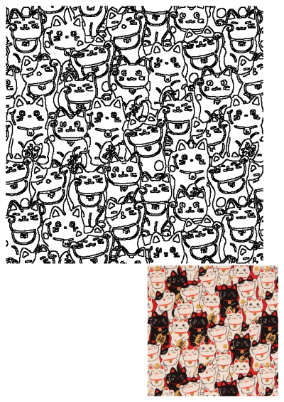 Seamless Maneki Neko lucky cat pattern in black outline on white, reflecting the Japanese laminate fabric for good fortune.