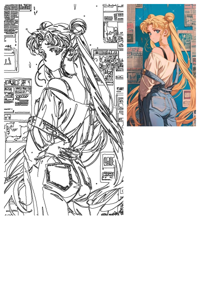 Sailor Moon anime girl with long blonde hair and blue wall background, wearing overalls. Includes a black and white line art version.