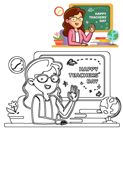 A cheerful woman teacher with glasses sits at a desk featuring books, a globe, and a chalkboard with 'Happy Teachers' Day'.
