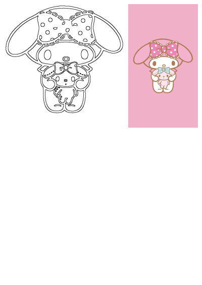 My Melody holding a toy with a bow on a pink background, depicted as both a vibrant colored image and a line art outline.
