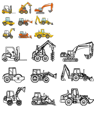 A graphic art collection of various construction vehicles, featuring both colored and outline illustrations of excavators, loaders, forklifts, and more heavy equipment.
