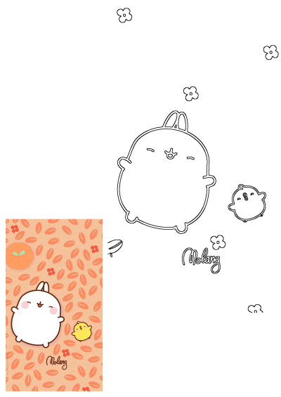 Molang and Piupiu, cute cartoon characters, on a peach background with leaf patterns. Includes both a vibrant illustration and outline versions.