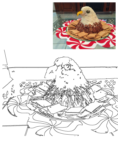 An impressive eagle cheese ball appetizer with shredded cheese, pecan 'feathers', olive eye, and bell pepper beak, served with crackers.