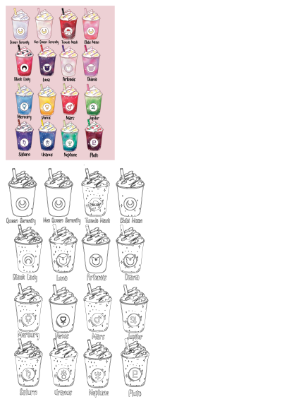 Sailor Moon character-themed drinks with whipped cream and stars, presented as colorful illustrations and black-and-white outlines.