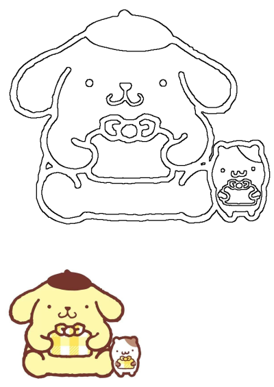 Cute Pompompurin dog holding a checkered gift box, with Muffin the stuffed animal beside him holding a treat.