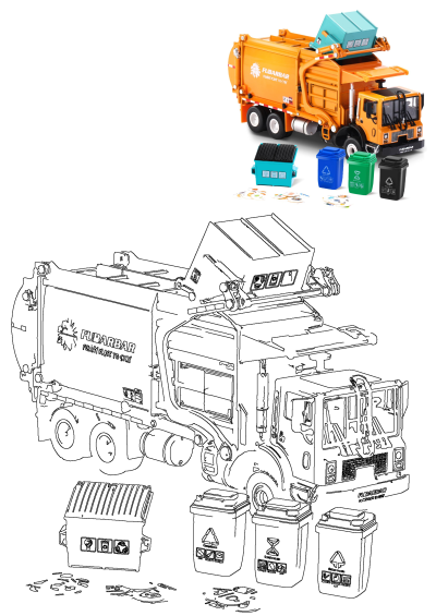 Orange toy garbage truck with mini sorting bins for recyclables, food waste, and other trash, alongside a line art drawing of the set.
