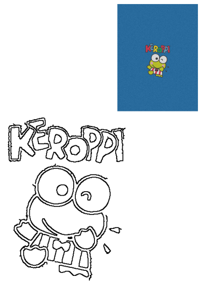 Keroppi cartoon character image, featuring the cheerful green frog in a colorful version on blue and an outline drawing.