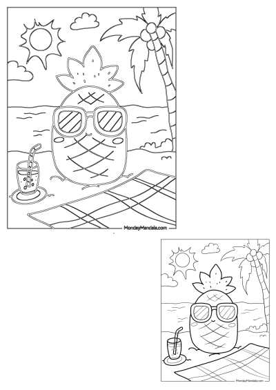 Cartoon pineapple wearing sunglasses on a sunny beach with a palm tree, a refreshing drink, and a picnic blanket.