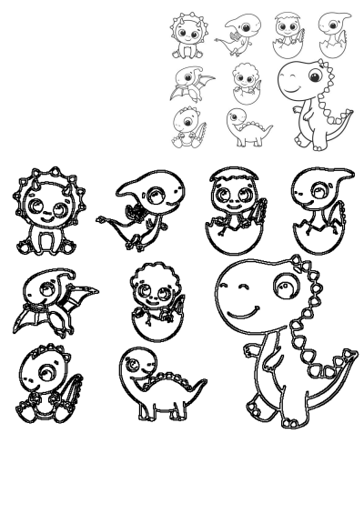 A collection of cute cartoon dinosaurs and their babies, some hatching from eggs, presented as line art for coloring.